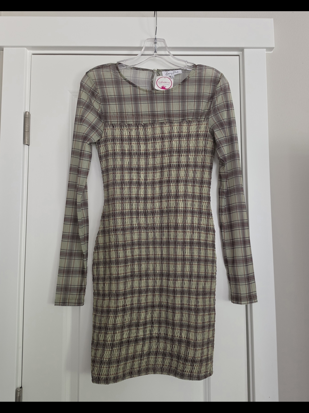 Plaid Long Sleeve Bodycon Dress - Green Plaid